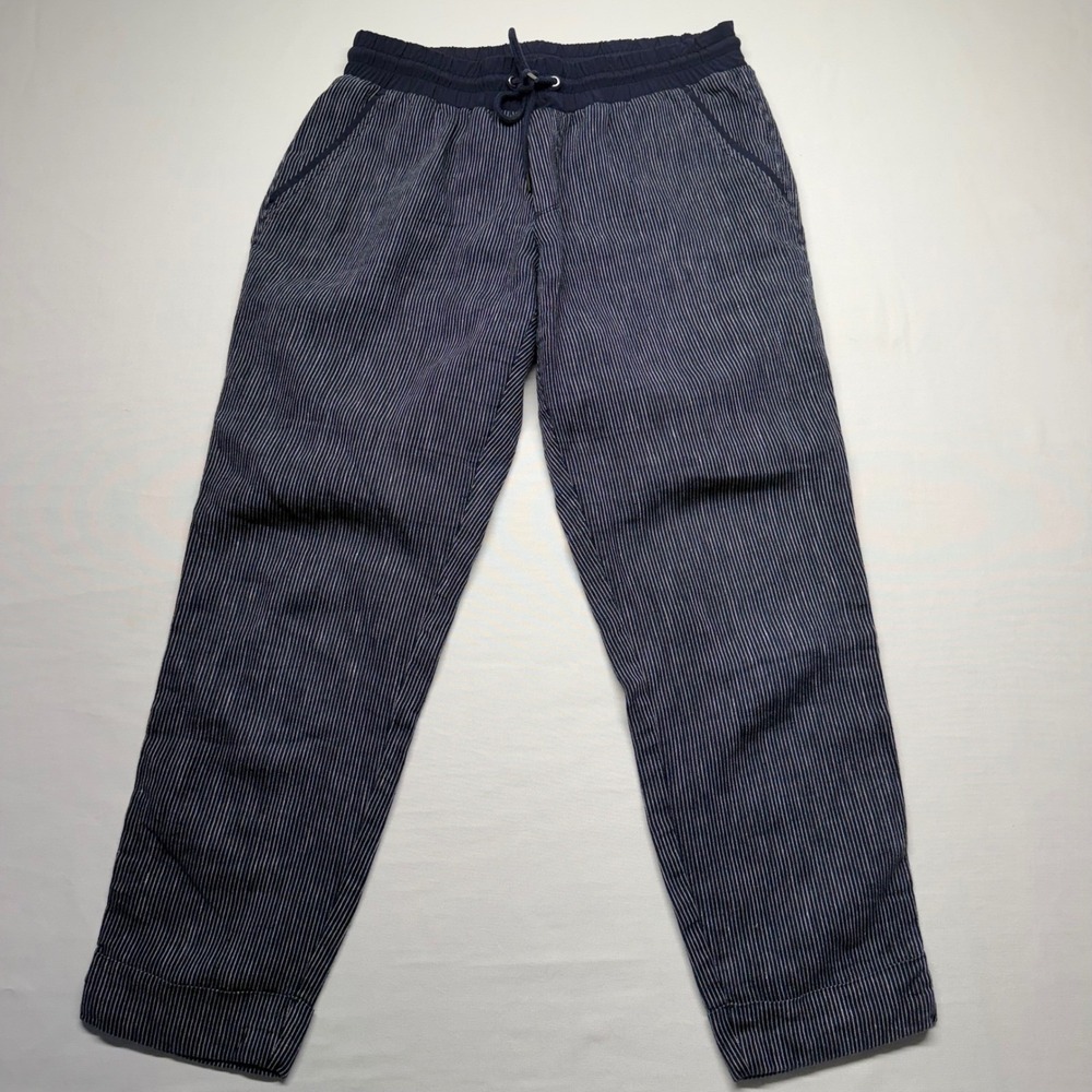 Athleta Linen Pants Womens 6 Navy Pinstripe Drawstring Tapered Coastal